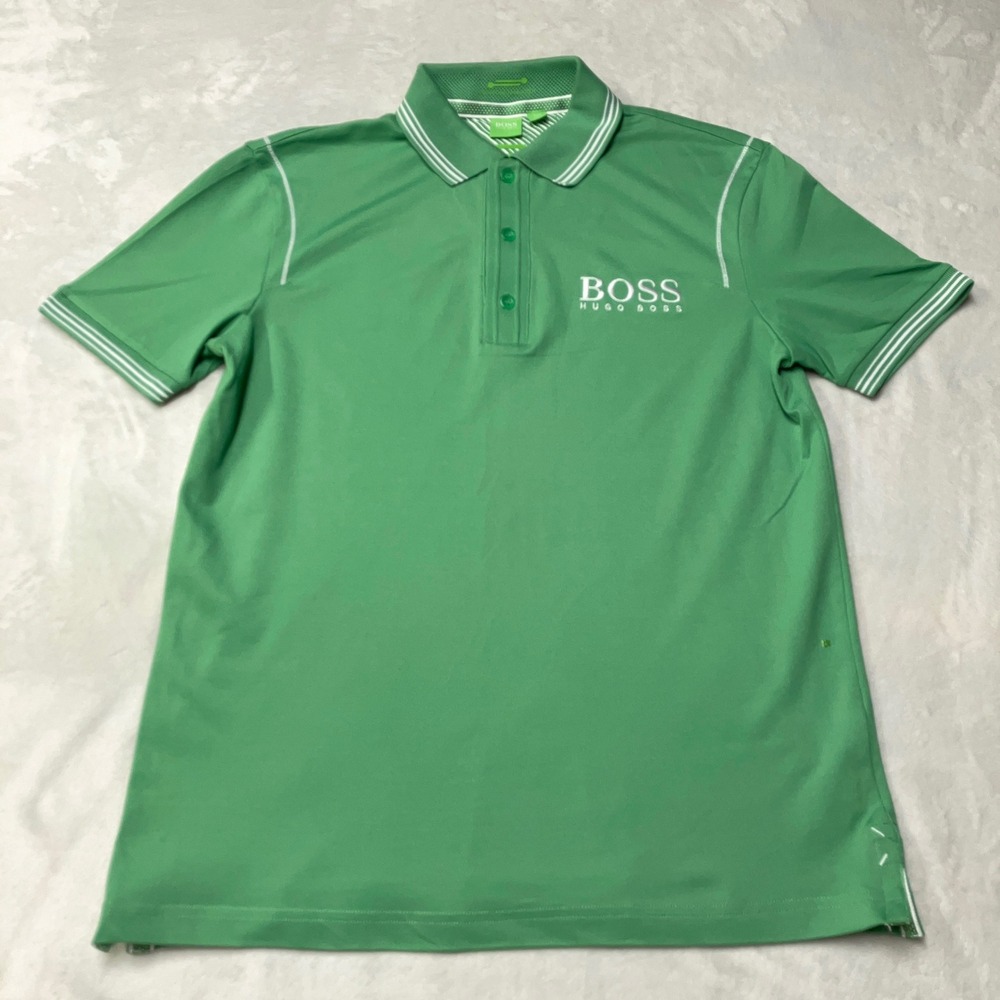 Hugo Boss Polo Shirt Paddy Pro 1 Moisture Manager Green Striped Trim Mens Size S